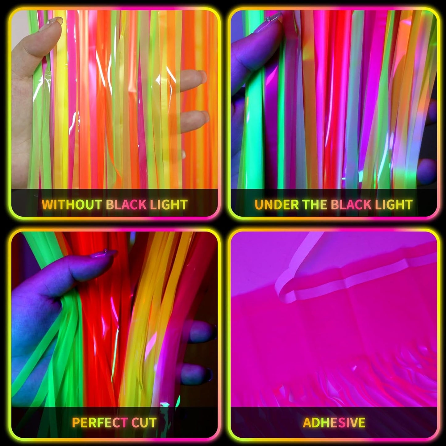 ADLKGG Glow in The Dark Party Supplies, 4Pcs Neon Party Decorations, Fluorescent Green Orange Yellow Fuchsia Foil Fringe Curtains Backdrop for Birthday Halloween Pool Photo Booth Prop