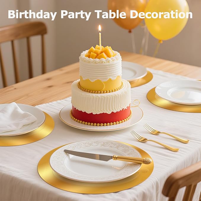 100PCS Gold Paper Placemats for Dinner Plates, 13 Inch Round Disposable Chargers, Shiny Holiday Place Mat for Dining Table Setting Valentine's Day Weddings Birthday Parties Kitchen Banquet Decor