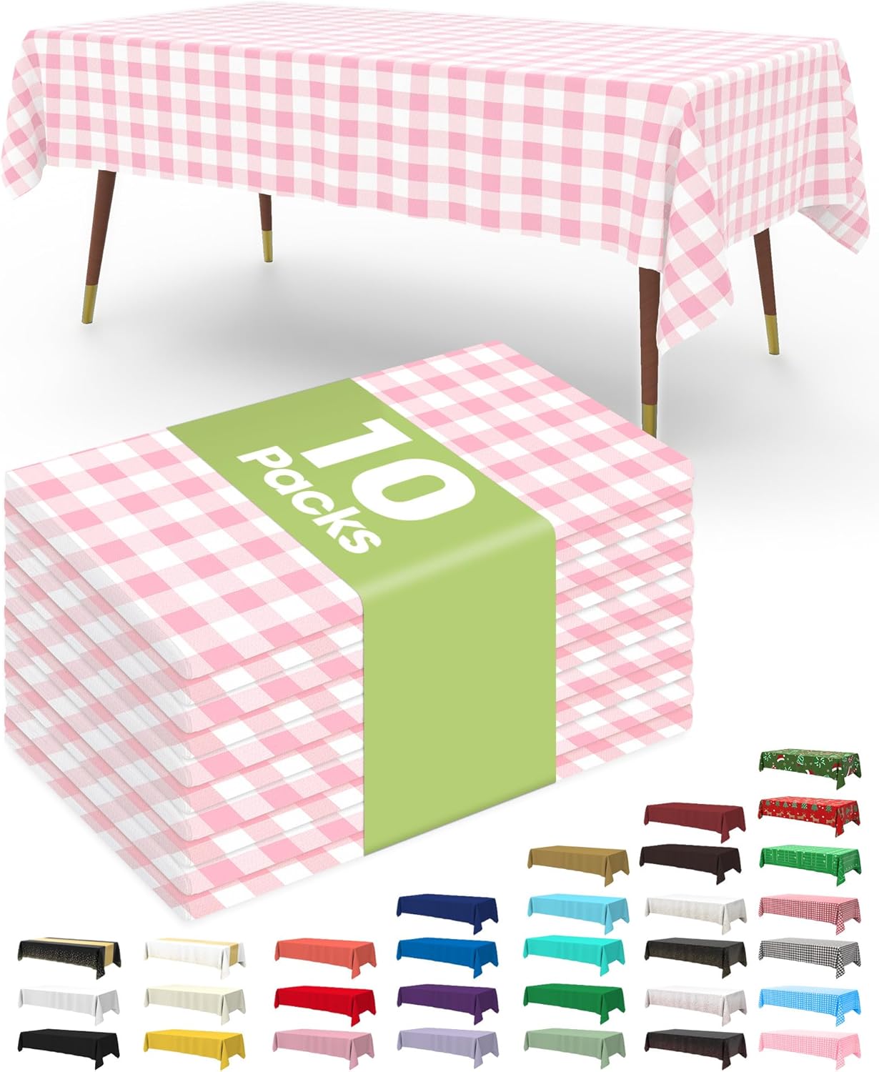 Pureegg Plastic Table Cloth Disposable 10 Pack, 54 x 108 Inch Table Cloths, Party, Picnic, Decorative Gingham Tablecloths, Rectangle, Pink and White Checkered Cover, Leakproof & Sturdy, Pink Plaid