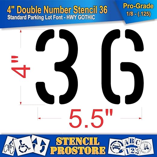 Pavement, Curb, and WheelStop Stencils - 4 inch Double Number Stencil - (36) - 4" x 5.5" x 1/8" (128 mil) - Pro-Grade