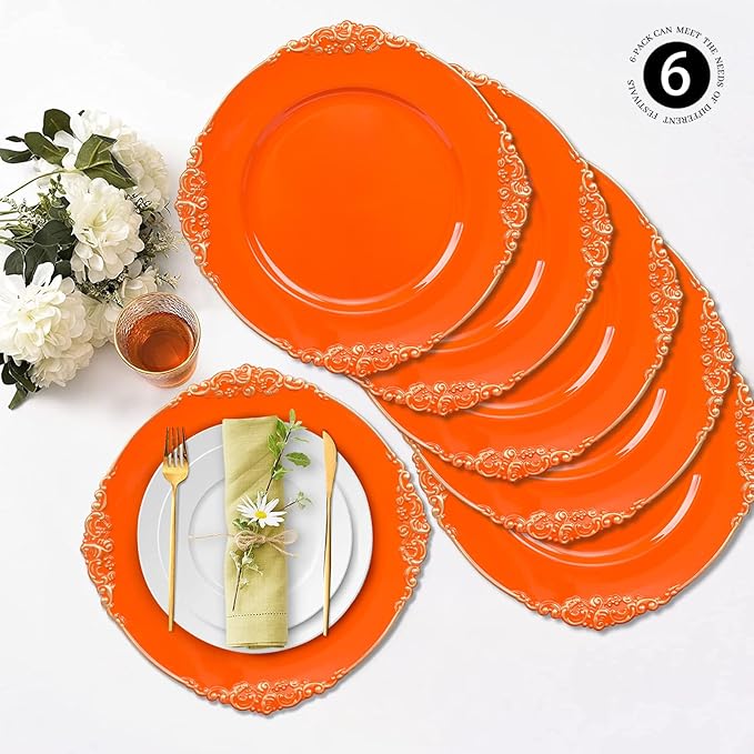 MAONAME Orange Charger Plates with Gold Rim, Round Antique Plate Chargers for Dinner Plates, 13" Plastic Charger for Wedding Table Setting, Set of 6