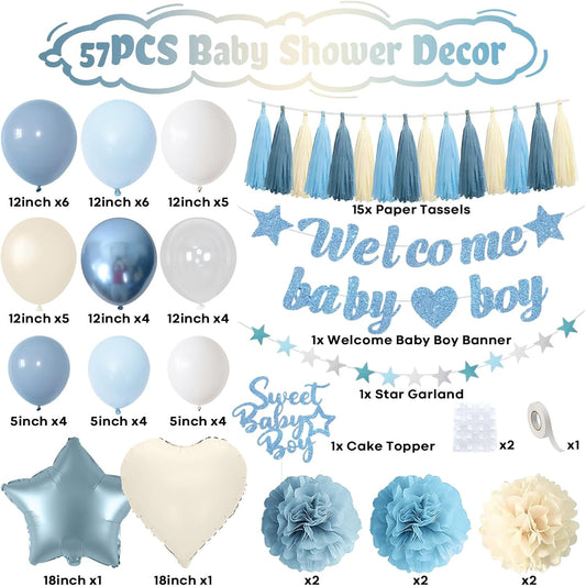 Dusty Blue Baby Shower Decorations for Boy, Welcome Baby Boy Banner Slate Light Metallic Blue White Sand Latex Balloons with Pom Poms Cake Topper Tassel for Boho Baby Shower Birthday Party Supplies