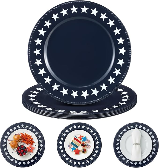 Yungyan 6 Pcs 250 Anniversary Charger Plates 13 Inch Round Navy Blue Independence Patriotic 4th of July Star Plastic Plates Large Charger Plate for Party Decorations Dinner Tableware Supplies