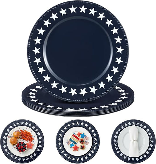 Yungyan 6 Pcs 250 Anniversary Charger Plates 13 Inch Round Navy Blue Independence Patriotic 4th of July Star Plastic Plates Large Charger Plate for Party Decorations Dinner Tableware Supplies