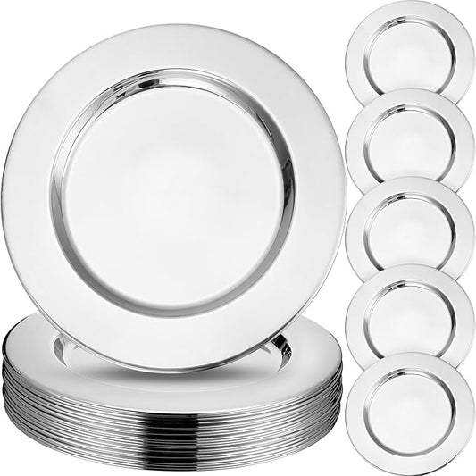 Vesici 12 Pcs Silver Stainless Steel Charger Plates 13 Inch Round Metal Charger Plates Bulk Mirror Elegant Charger Luxury Table Decor for Wedding Dinner Party