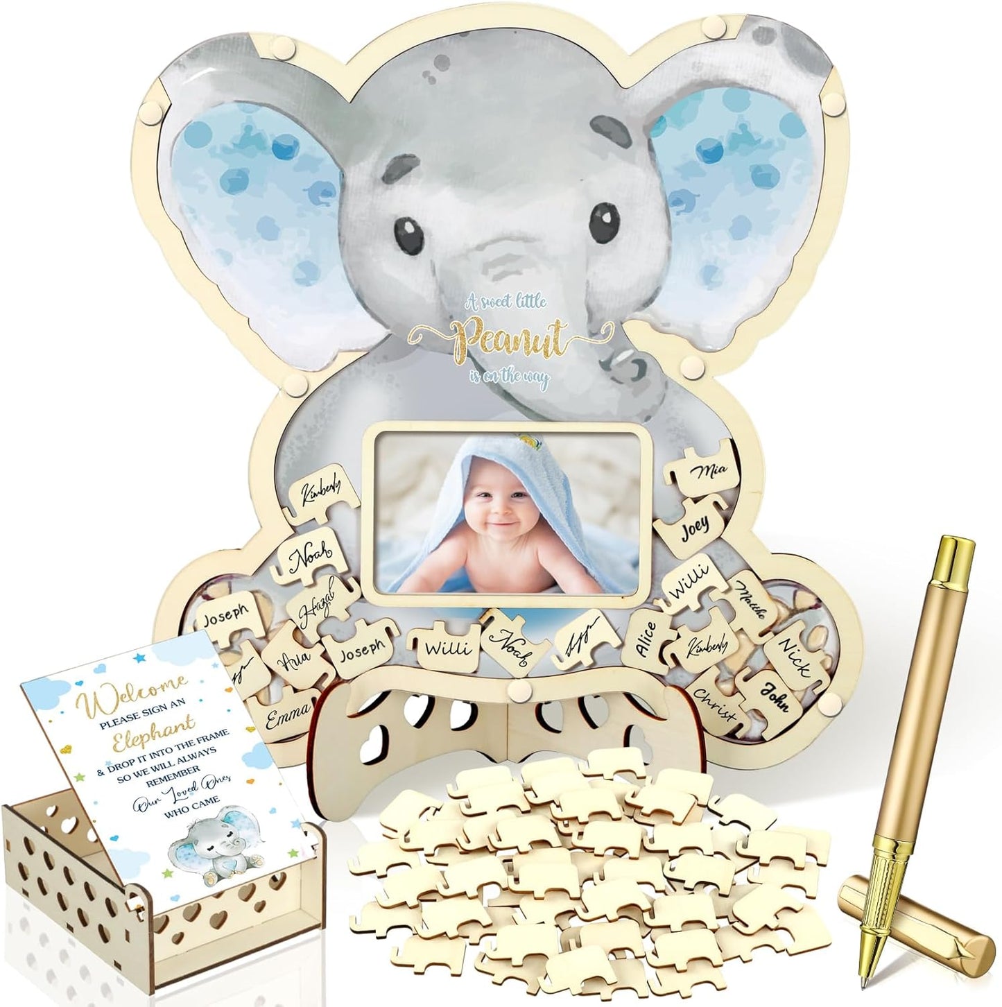 Wenqik 63 Pcs Elephant Baby Shower Guest Book Alternatives Set Baby Shower Decorations with Photo Frame Sonogram Frame Keepsake 60 Wood Slices Guest Book for Birthday
