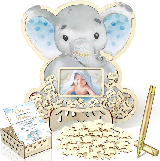 Wenqik 63 Pcs Elephant Baby Shower Guest Book Alternatives Set Baby Shower Decorations with Photo Frame Sonogram Frame Keepsake 60 Wood Slices Guest Book for Birthday