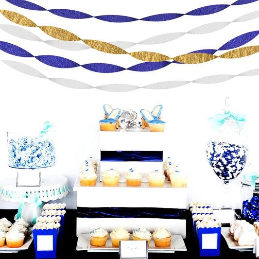 Navy-Blue White-Gold Crepe Paper Streamers - 9 Rolls Royal Blue Graduation 2025 Men Boy Birthday Party Decorations Streamer Wedding Bridal Shower Paper Garland Fathers Day Decor Panduola