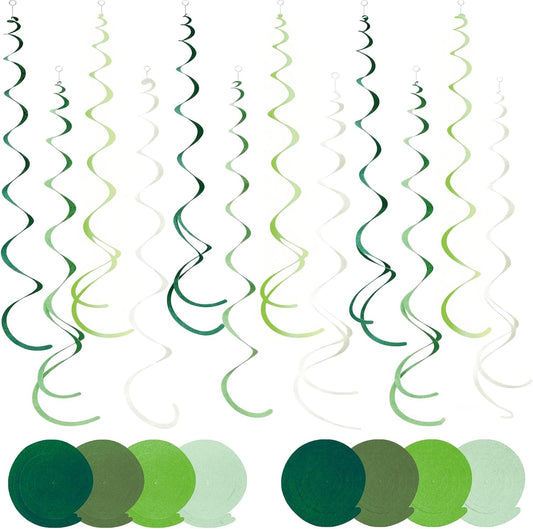 48 Pcs Green Hanging Swirl Party Decorations Olive Green Felt Ceiling Spiral Streamers with Hooks for Birthday Wedding Baby Shower Graduation Christmas St Patrick's Day Holiday Party Supplies