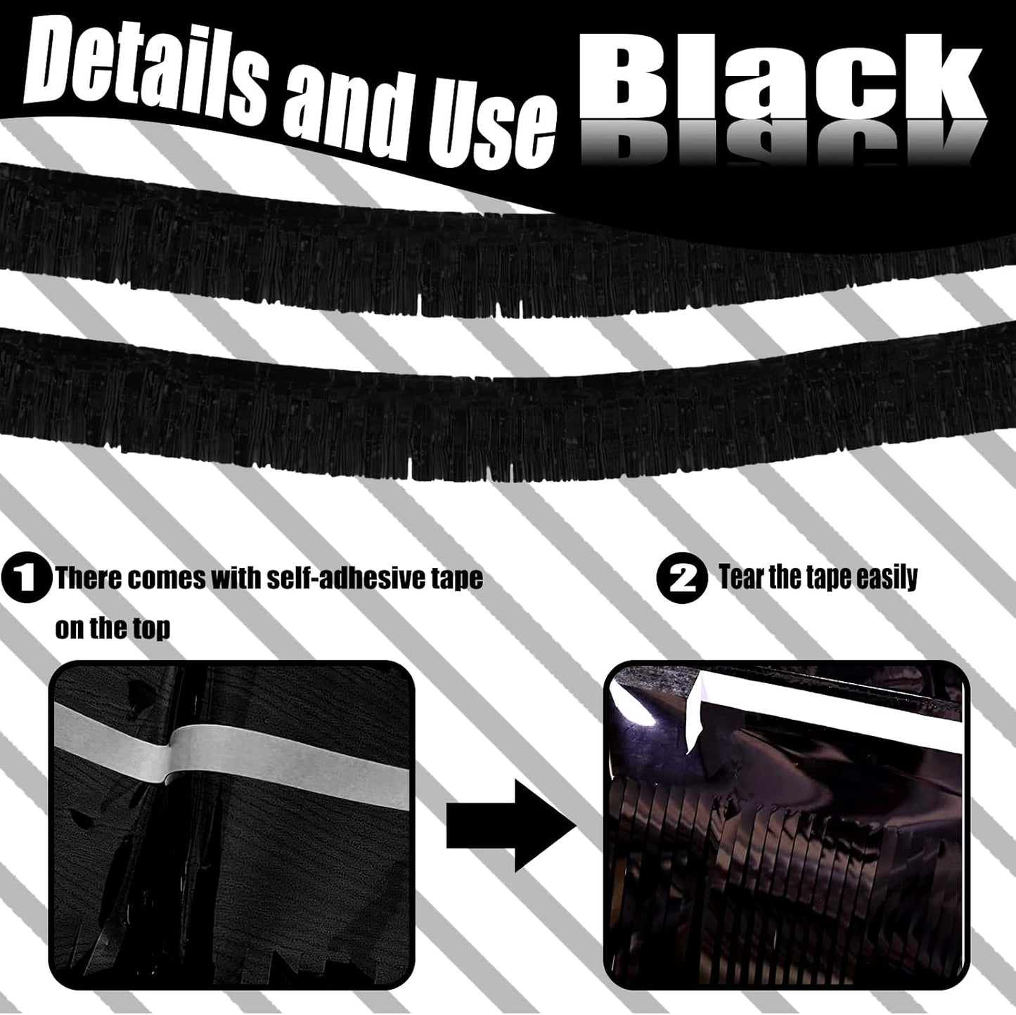 6 Pack 10 Feet Foil Fringe Garland Metallic Tinsel Streamers Banner Wall Hanging Curtain Backdrop Banner for Parade Floats, Thanksgiving, Christmas, Birthday, Halloween Party Decorations(Black)