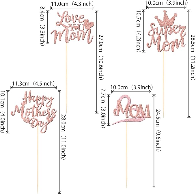 12 PCS Happy Mother's Day Centerpiece Sticks Double Sided Love Super Mom Best Mom Centerpieces for Happy Mother's Day Theme Table Flower Decorations Women Birthday Party Supplies Rose Gold