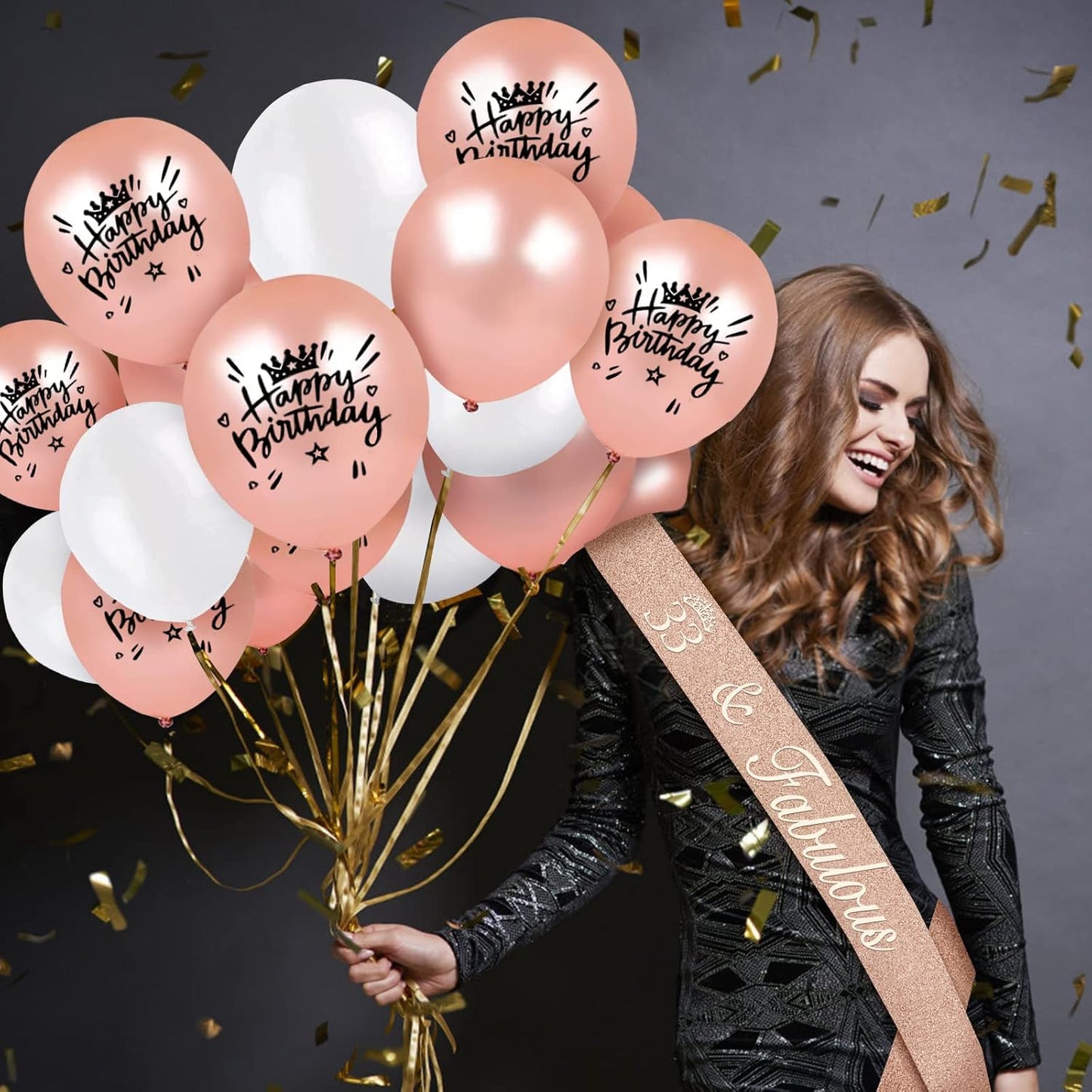 33 Birthday Decorations for Women Including Birthday Sash, Tiara/Crown, Numeral Candles and Cake Topper, 33 Year Old Gifts for Women, Rose Gold Party Decor Supplies