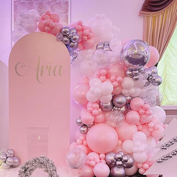 Pink and Silver Balloons Arch Kit, 134pcs Metallic Silver,Pastel Pink,Confetti Balloons Garland Kit for Winter Wonderland Baby Shower Princess Birthday Party Bridal Shower Wedding Party Decoration