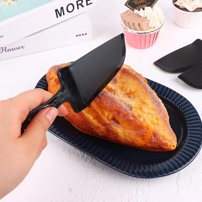 50 PCS Disposable Plastic Cake Cutter and Server 8x2.3 In Black Cake Plastic Server Cutter Plastic Cake Server Cutting for Pie Tart Cake Pizza Pastry Baking Cutter Holder Transfer for Kitchen Wedding