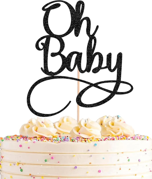 Oh Baby Cake Topper - Black Glitter Baby Birthday Party Cake Decoration Supplies, for Baby Shower/Gender Reveal Party Photo Booth Props