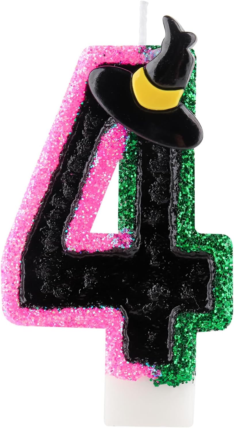 Pink Green Birthday Number 4 Candles for Cake, Pink Green Black Party Decorations, Witch Birthday Decorations for Girls