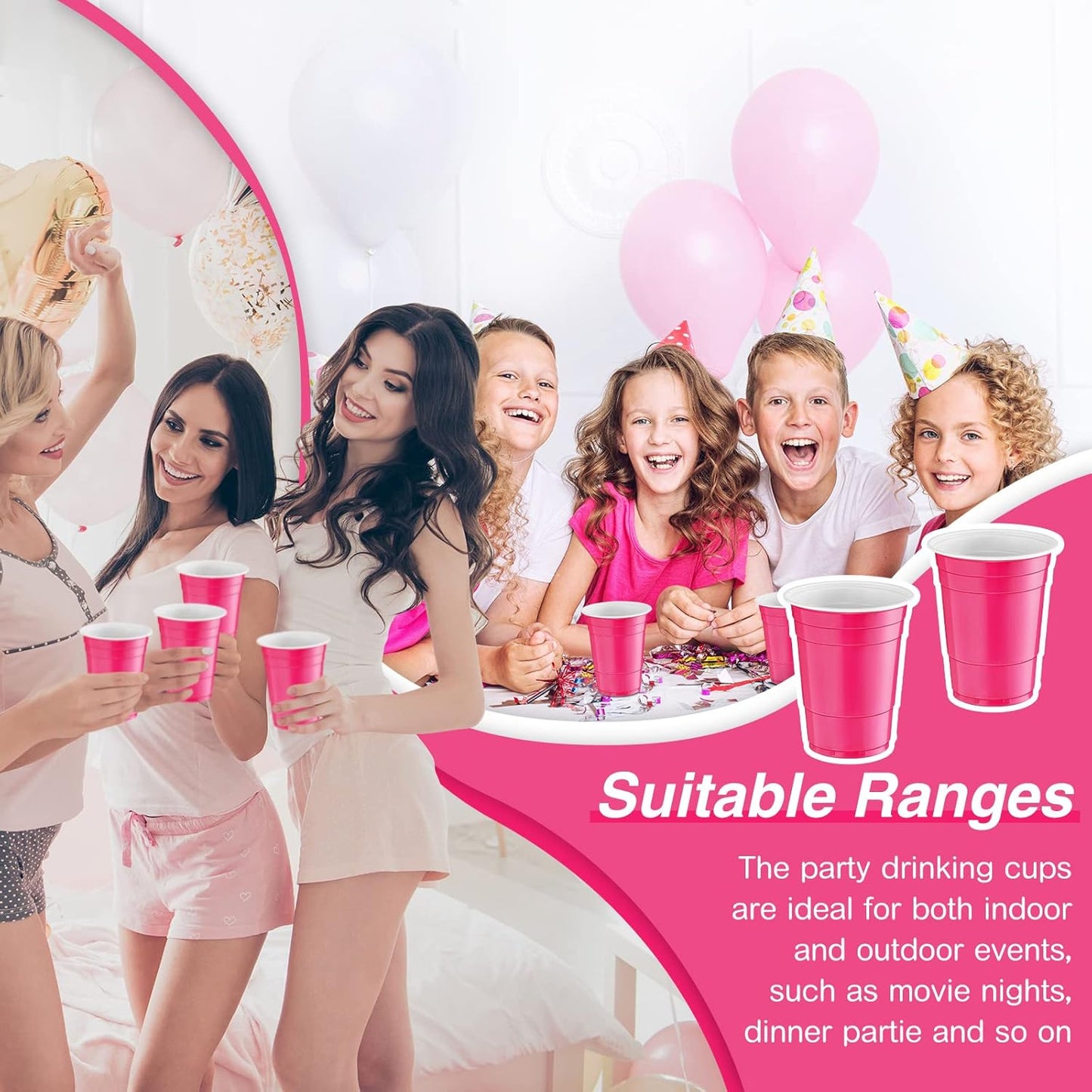 Lounsweer 100 Pack 16 Ounce Christmas Plastic Party Cups Disposable Heavy Duty Drinking Water Cups for Holiday Christmas Festival Wedding New Year Birthday Party Supplies(Pink)