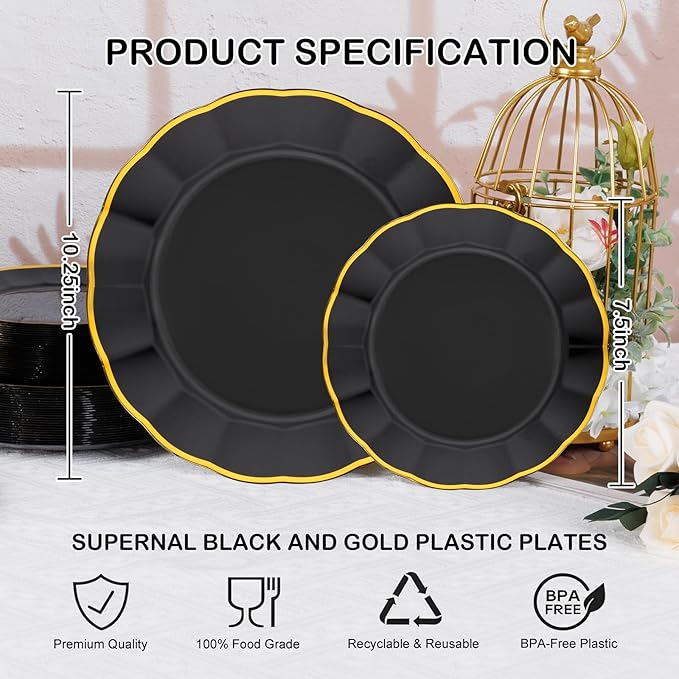supernal 60pcs Black and Gold Birthday Plates Plastic Plates for Party and Fancy Disposable Plate Heavy Duty Scalloped Plate Wedding Disposable Dinnerware Included 30 Dessert & Dinner Plate