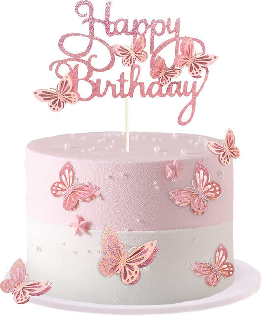 13-Pieces Pink Butterfly Cake Toppers 3D Butterfly Cupcake Topper for Girls Women's Happy Birthday Cake Topper Butterfly Birthday Cake Decorations Butterfly Party Decorations (Pink)