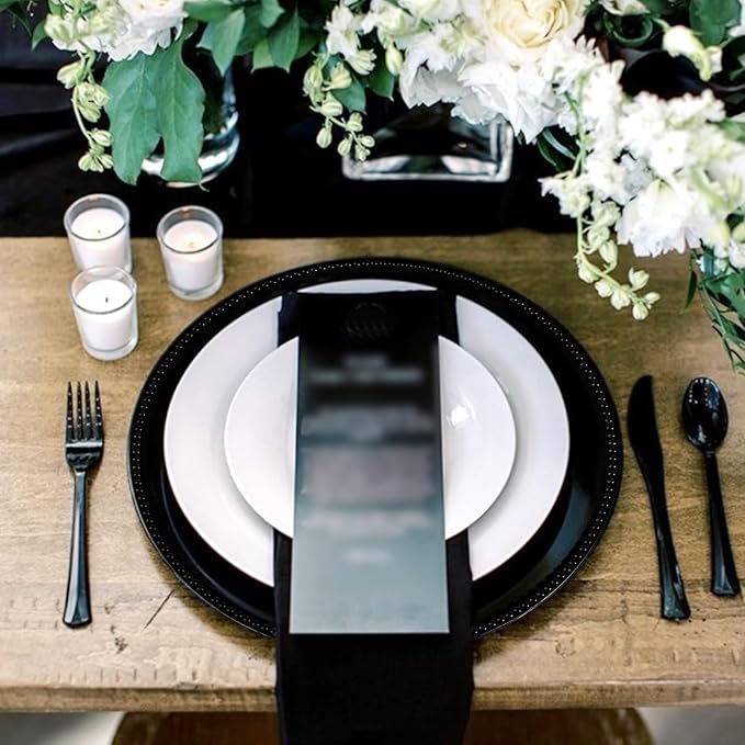 50 Pcs Black Charger Plates Bulk, 13" Round Beaded Plate Chargers for Dinner Plates, Decorative Dinner Chargers Plastic Table Chargers for Wedding Holiday Party Baby Shower Event Decoration (Black)