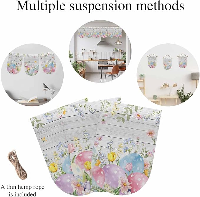 Easter Eggs Banner 3Pcs Indoor Outdoor Hanging Banner Flag Spring Daisy Eucalyptus Leaves Gray Wooden Sign for Fireplace Mantel Decorative Bunting Garland Valance for Shop Door Mantle Decor 7.9"x11.8"
