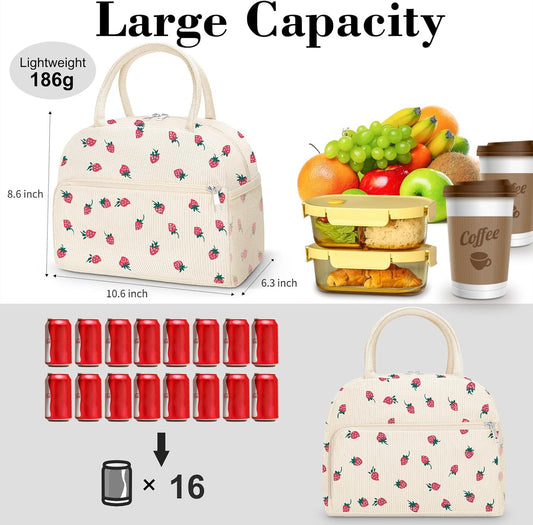 Coobiiya Lunch Bag for Women Men, Cute Corduroy Lunch Tote Bags Insulated Reusable LunchBox Large Capacity Cooler Bag for Work Travel Picnic