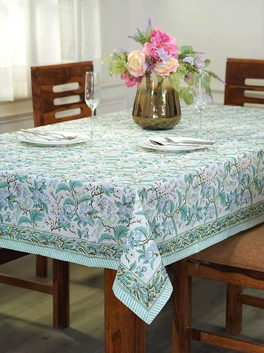 Ridhi Hand Block Print Sage Russian Green Rectangle Cotton Tablecloth 160" x 72" Reusable Table Cover Decorative Everyday Use for Dining, Farmhouse, Home Gift for Spring, Easter, Valentine