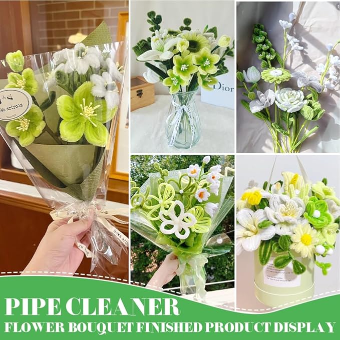620 Pieces Green Pipe Cleaners Craft Set, 600 Pcs Chenille Stems with 20 Pcs Flower Stems, Craft Supplies Bulk for DIY Art and Craft Projects Creative Gift Wrapping Party Decorations(Green Series)