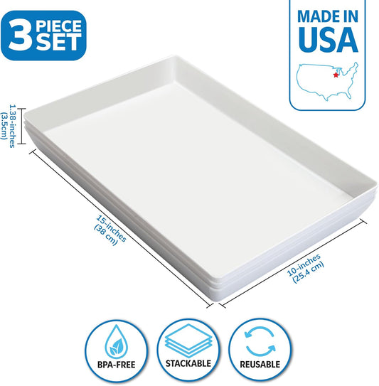 US Acrylic Avant White Plastic Serving Trays (Set of 3) 15” x 10” | Large Reusable Rectangular Party Platters | Serve Appetizers, Fruit, Veggies, & Desserts | BPA-Free & Made in USA