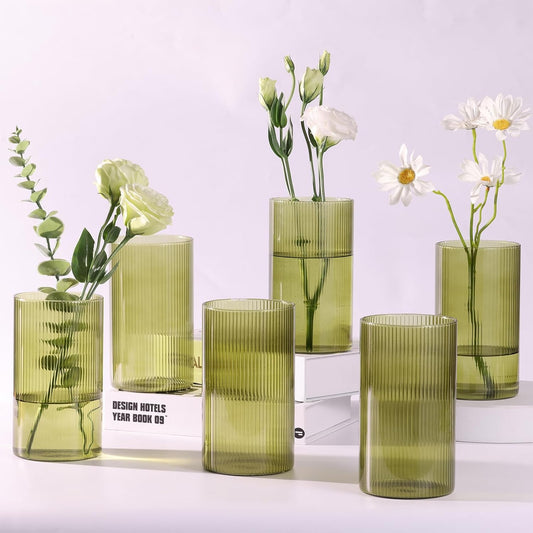 Glass Cylinder Bud vases for Centerpieces, 6 Inches Clear Ribbed Glass Vases Bulk for Wedding Table Decor, Loral Vase Bulk Flower vases, Tall Hurricane Candle Holder for Table Shelf, Party (Green)
