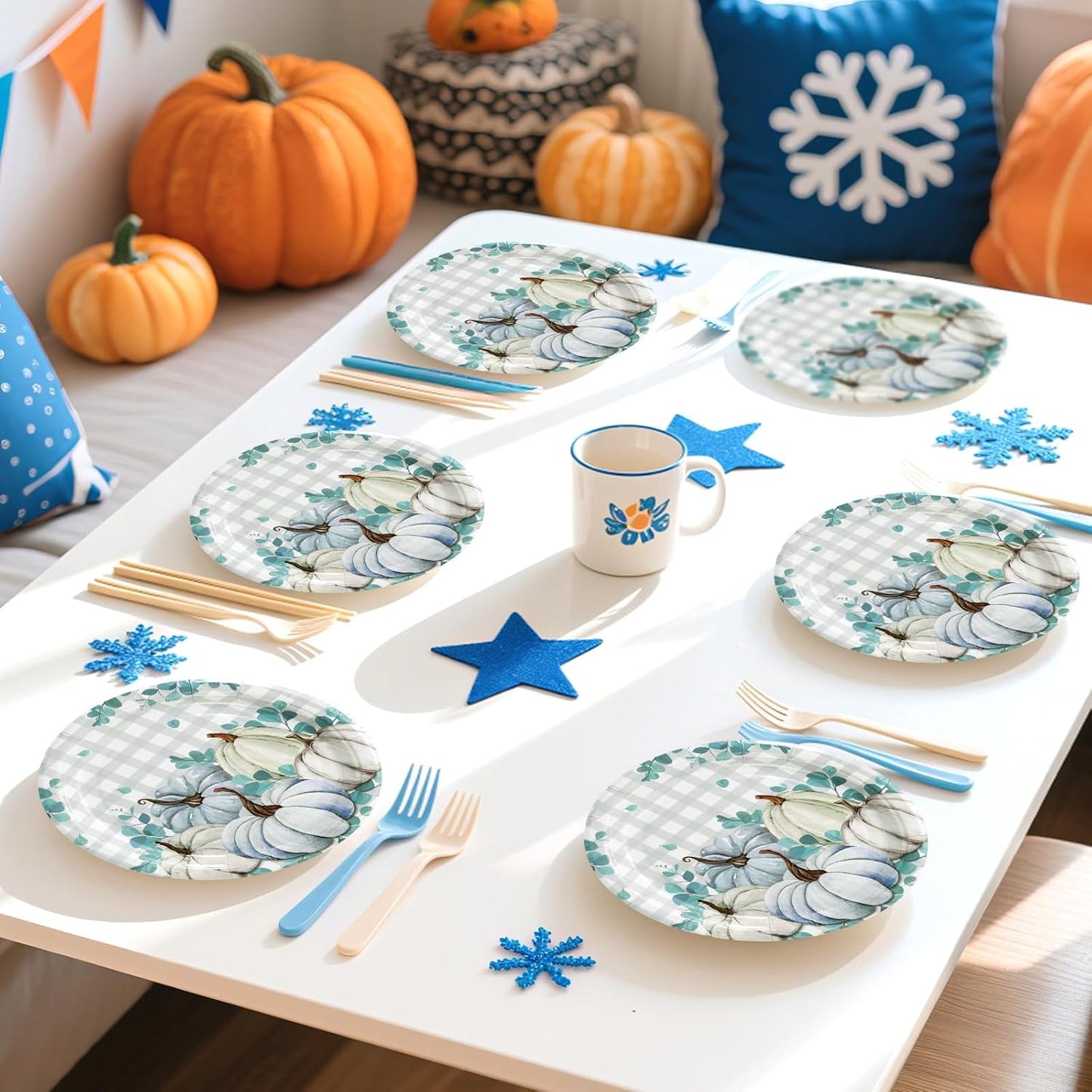 Grencian 50 Pcs Fall Blue Gingham Paper Plates 7" Blue Pumpkin Plates Disposable Thanksgiving Platter Fall Party Decorations for Thanksgiving Autumn Holiday Harvest Birthday Party Supplies