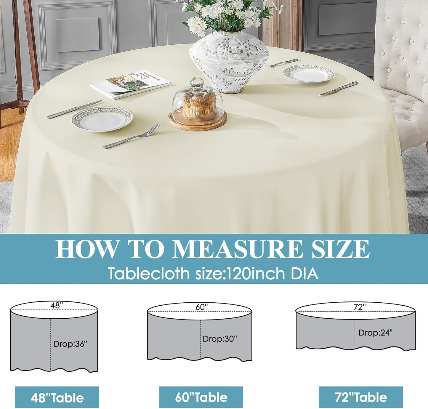 VidaFete Tablecloth 2 Pack 120inch Round Table Cloth Polyester, Stain Wrinkle Resistant Polyester Dining Table Cover for Kitchen Dinning Party Wedding Round Tabletop Buffet Decoration(Ivory)