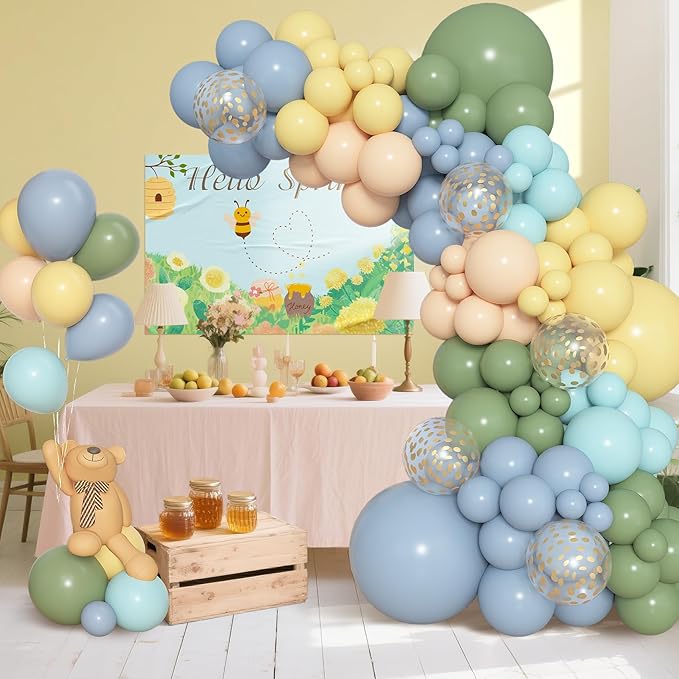 Amandir 153pcs Blue and Yellow Balloon Arch Kit, Different Sizes 18 12 10 5 inch Sage Green Dusty Haze Blue Pastel Yellow Cream Gold Confetti Balloons for Birthday Party Bear Baby Shower Decorations