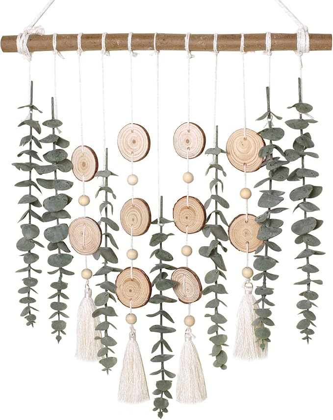 Bathroom Decor Artificial Eucalyptus Greenery Hanging Wall Decor Faux Eucalyptus Leaves Hanging Plant with Wooden Stick with Rustic Farmhouse for Bedroom Nursery Boho Home Decorations