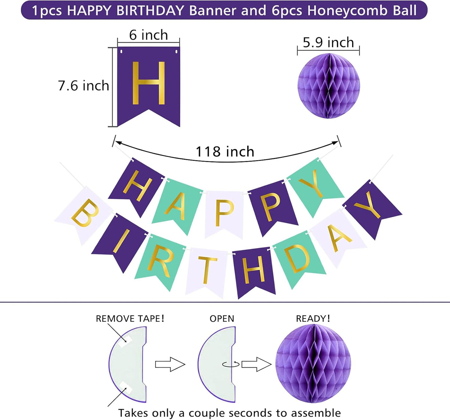 Mermaid Birthday Decorations with Happy Birthday Banner, Paper Honeycomb Balls, Circle Garland and Hanging Swirl Decorations