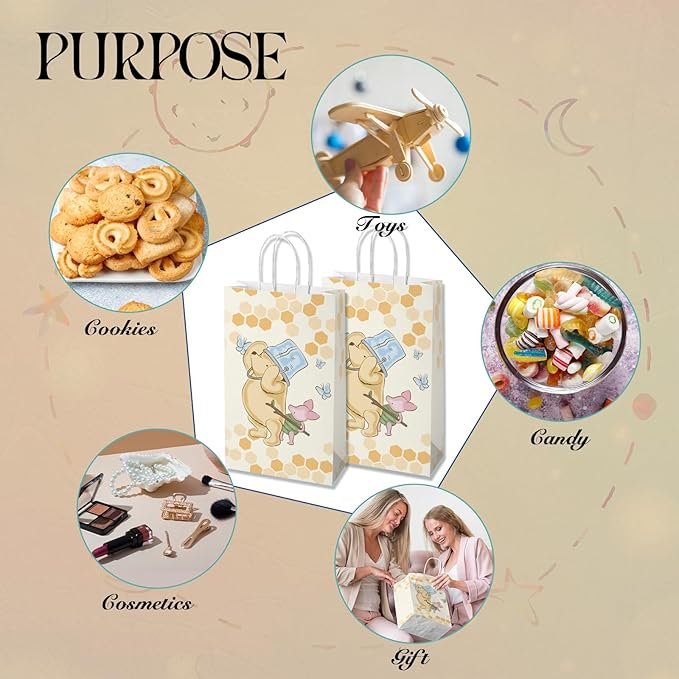 wjrsxilt Pooh Bear Gift Bags with Handles - 16pcs Winnie Goodie Bag with Rope for Bear Themed Parties, Kid's Birthday, Halloween Candy Gift Treat Bags for Party Favor 8.6 * 5 * 3.7inch