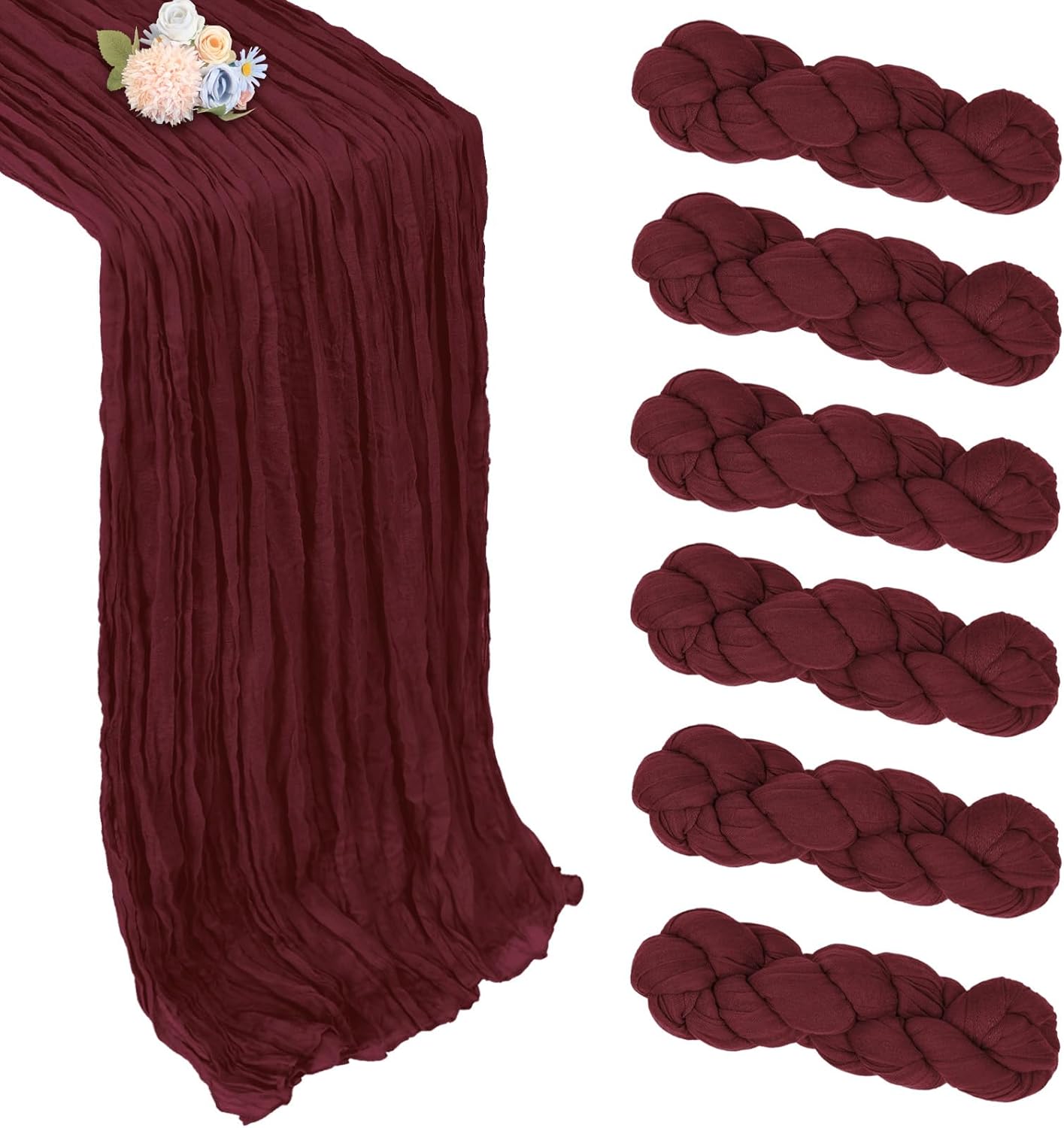 6 Pack Burgundy Cheesecloth Fall Table Runner 10ft Boho Gauze Fabric Cheese Cloth Table Runner 35 x 120 Inch Rustic Sheer Runner for Thanksgiving Wedding Decor Baby Shower Party Centerpiece Decoration