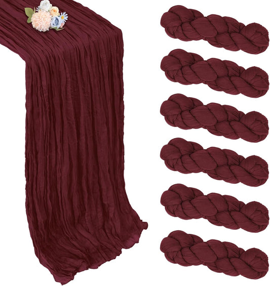 6 Pack Burgundy Cheesecloth Fall Table Runner 10ft Boho Gauze Fabric Cheese Cloth Table Runner 35 x 120 Inch Rustic Sheer Runner for Thanksgiving Wedding Decor Baby Shower Party Centerpiece Decoration