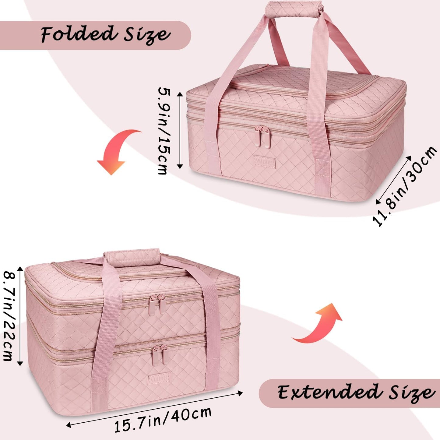 Vuudh Quilted Double Decker Casserole Carrier - Expandable Dish Carrying Case for Hot or Cold Food, Lasagna Holder for Potluck Parties, Picnic, Beach, Fits 9"×13" Baking Dish (Pink)