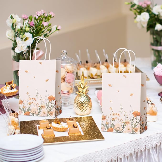 Marspark 24 Pcs Thanksgiving Floral Paper Gift Bags Wildflower Treat Bag with Handles for Wedding Birthday Baby Shower Autumn Floral Candy Goodie Bag for Guests, 8.3'' x 5.9'' x 3.1''(Vintage)