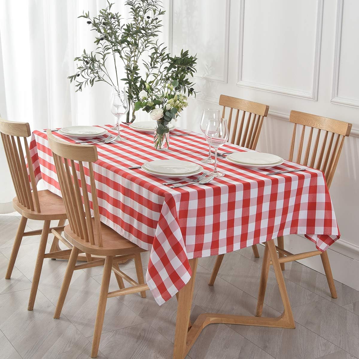 maxmill Rectangle Checkered Tablecloth Waterproof Spillproof Wrinkle Resistant Buffalo Plaid Heavy Weight Table Cloth Gingham Table Cover for Outdoor and Indoor Use, 52 x 70 Inch Red and White