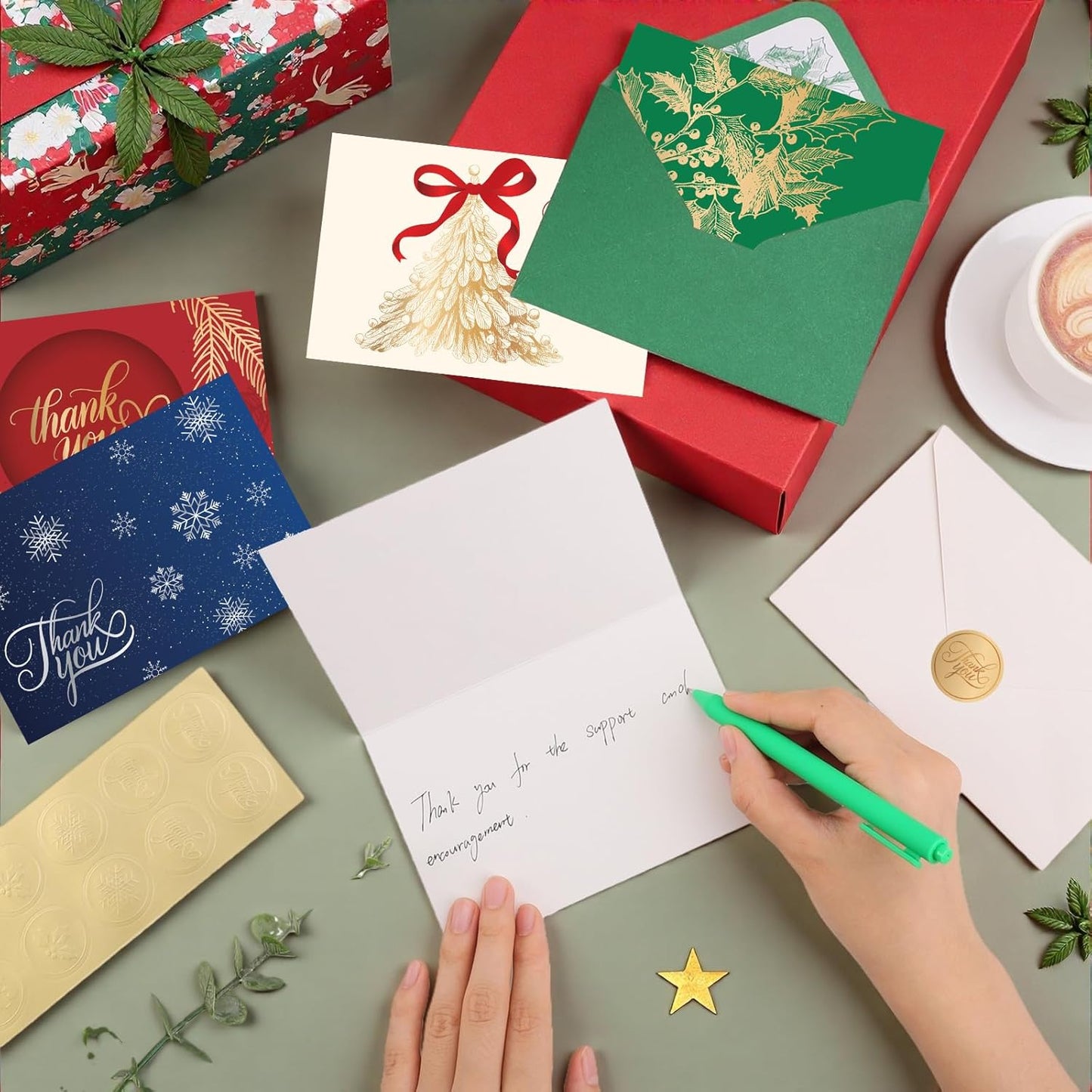 50 Pack Christmas Thank You Cards with Envelopes and Stickers, 5 Designs Foiled Christmas Cards, 4x6 Inch Holiday Thank You Card for Xmas, New Year