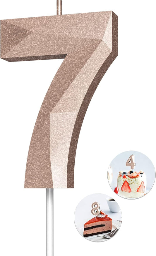 Number Birthday Candles(7 Candle Rose Gold) 3D Diamond Shape Number Happy Birthday Cake Candles for Birthday Party Wedding Decoration Reunions Theme Party