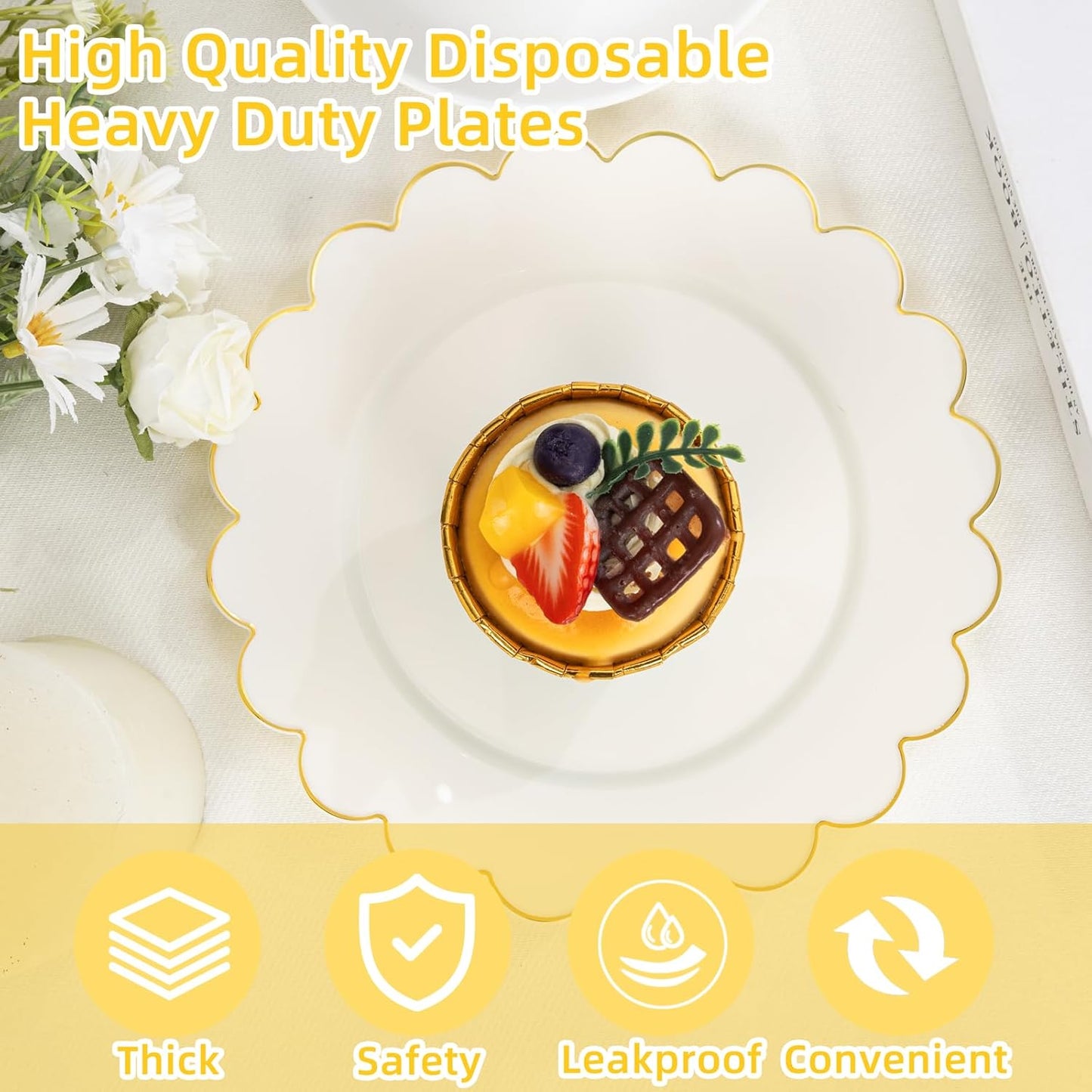 LIYH 100 Pcs Ivory Plastic Plates with Gold Rim- Dessert Plates 7.5" Disposable Scalloped Fancy Gold Plastic Plate, Baby Shower Cake Plate Party Tableware Dishes