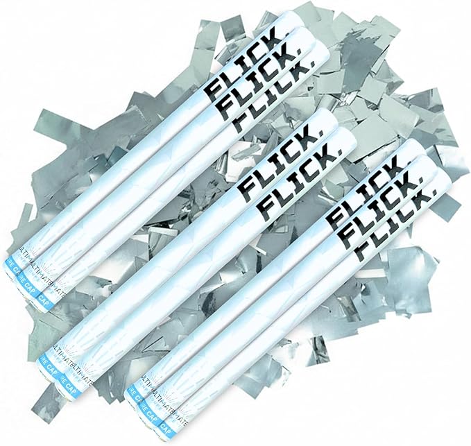 Ultimate Confetti - 8 Pack Silver Metallic Foil Confetti Wands - Handheld 14" Mylar Shinny Confetti Flick Flutter Sticks For Wedding, Birthday, Parties & Live Events - 2 Handfuls, 1.5 oz Each Stick