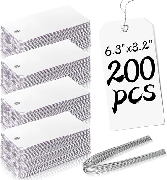 200 Large Sales Tags With String - 6 1/4 x 3 1/8 Inch, Metal Wire Ties, White
