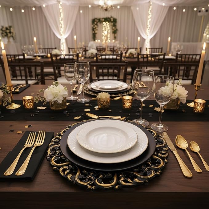 Maxdot 6 Pcs 13" Mirror Charger Plates for Dinner Plates Plastic Round Embossed Edge Dinner Chargers for Table Setting Wedding Party Christmas Holiday Supplies Elegant Tabletop (Black and Gold)