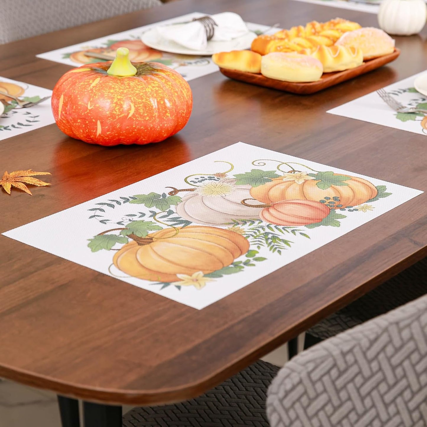Thanksgiving Placemats Set of 6 Fall Place Mats Pumpkin Maple Leaves Table Mats Washable Non-Slip Heatproof Woven Placemats for Dining Table (17.7" X 11.8")