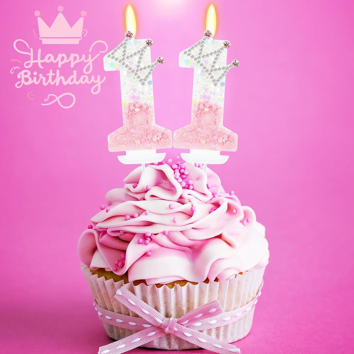 Pink White Number 11 Candle, Glitter Crown Cake Topper, Princess Birthday Party Decorations for Girls and Women Anniversary Celebrations Party Favors