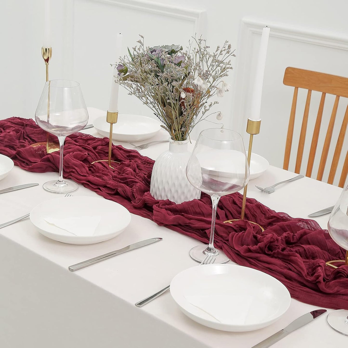 DOLOPL Christmas Table Runner Burgundy Cheesecloth Table Runner 13.3ft Boho Gauze Cheese Cloth Runner Rustic Sheer Runner 160inch Long for Christmas Wedding Bridal Shower Table Decorations